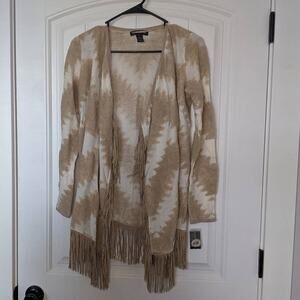 Inc International Concepts XS Womens Cardigan Open Front Fringe Cream Camel Boho